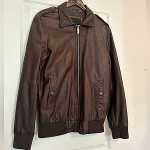 Men’s Vegan Leather Bomber Jacket in Brown, Size Medium